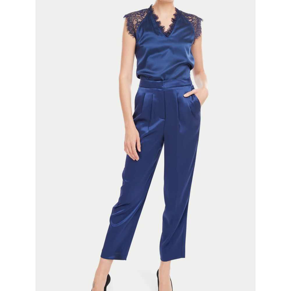 NWT Generation Love Portia Pleated Satin Pants 12 Navy Blue High Waisted $248